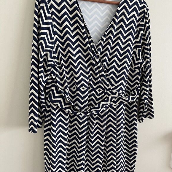 Talbots Chevron Faux Wrap Dress XLP Navy Stretch Jersey Comfort Casual Nautical - Picture 9 of 14